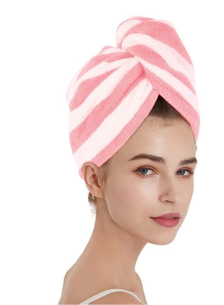 White and Pink Striped Microfiber Hair Drying Towel Wrap, Highly Absorbent Hair Turban for Quick Drying After Shower, Lightweight with Button Closure, Suitable for Daily Use