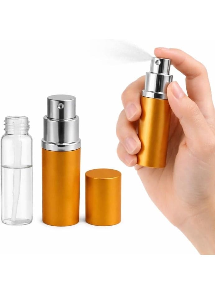 Refillable perfume spray bottle, made of aluminum, travel-friendly size, 10ml capacity, leak-proof, pocket-sized container for perfumes, colognes and cosmetics, portable design (gold)