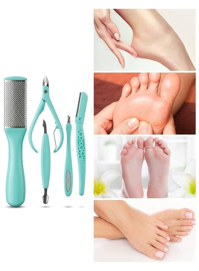 5-in-1 Professional Pedicure and Manicure Kit for Feet and Nails, Stainless Steel Foot Care Tools, Callus Remover, Foot File, Dead Skin Cuticle Nipper, Dual-Ended Nail Cleaner and Pusher, Cuticle Trimmer, Razor Tool for Face and Eyebrows, Home Foot Spa Kit for Women and Men, Complete Personal Grooming Set (٤)