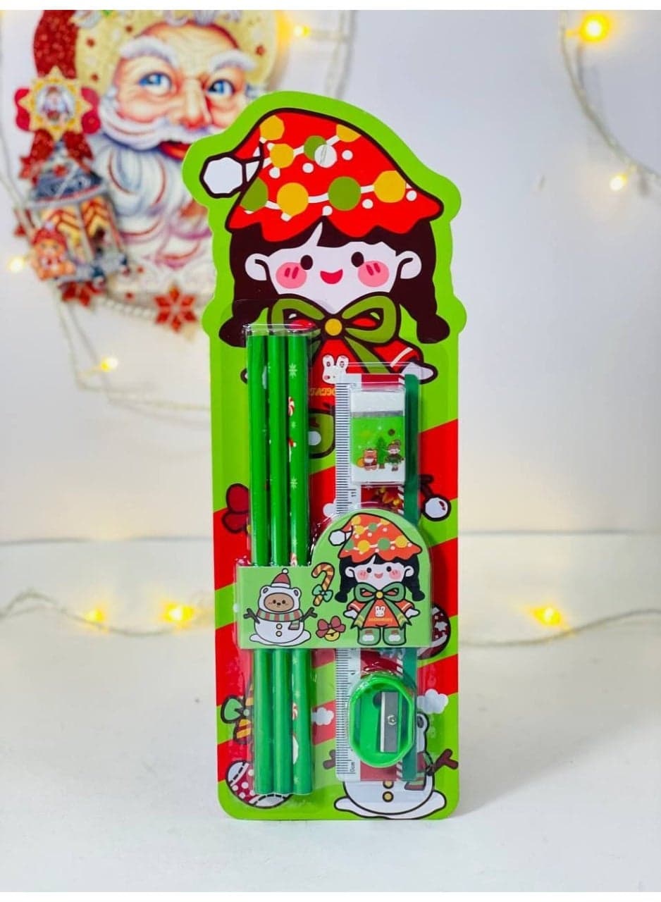 Christmas card set with Christmas-themed pencils. The card includes 3 pencils, an eraser, a sharpener, and a ruler. The card set consists of 6 pieces. Math Materials (٣)