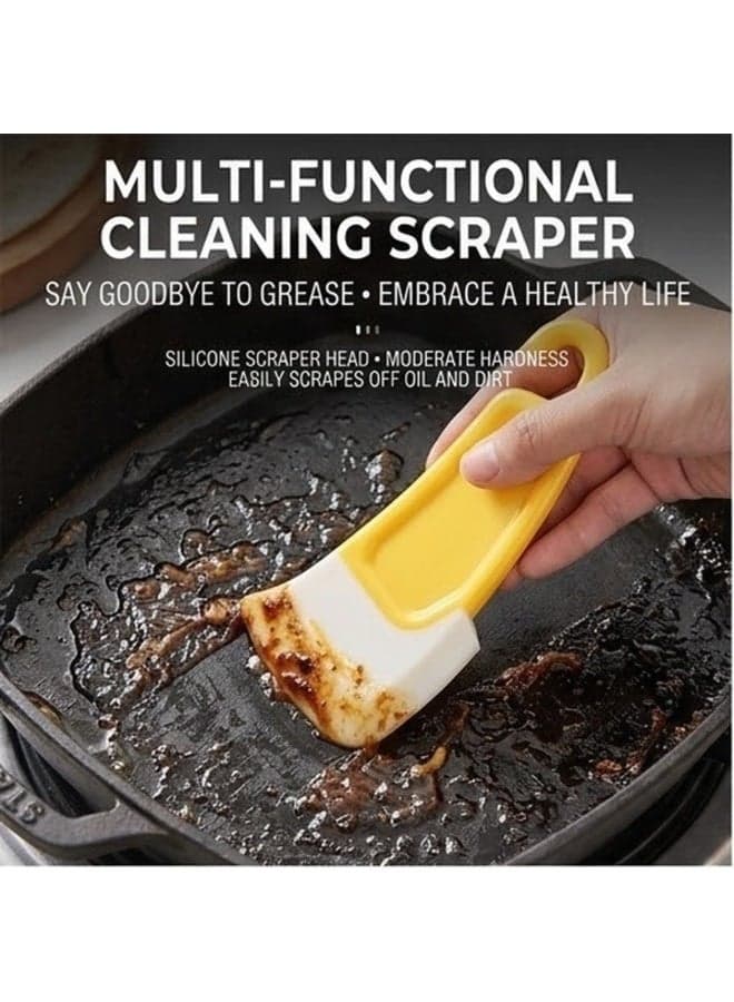 Multifunctional Kitchen Cleaning Scraper, Food-Grade Flexible Silicone Pan Scraper and Oil, Grease, Dirt and Food Residue Remover, Non-Scratch Spatula with Wide Curved Blade, Comfortable Ergonomic Rigid Plastic Handle and Built-In Hanging Hook, Easy-Rinse Reusable Countertop Squeegee and Dough Scraper for Non-Stick Frying Pans, Baking Dishes, Food Containers and Cutting Boards, Yellow Handle and Translucent White Head, Practical Kitchen Gift for Home Cooks and Bakers, 1 Piece (١٠)