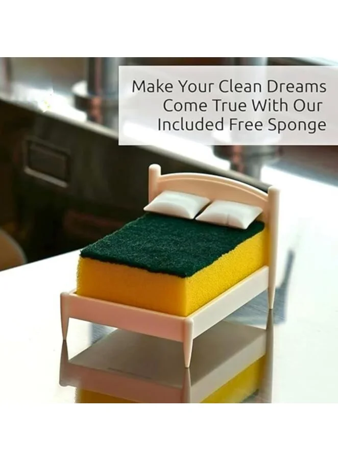 Kitchen Sponge Holder, Bed Shaped Plastic Dish Sponge Holder for Kitchen Sink, Fits Standard Scrubber Sizes, Unique Kitchen Sink Organizer and Decor, Perfect Gift Idea, Sponge Included Kitchen Utensils & Gadgets (٣)