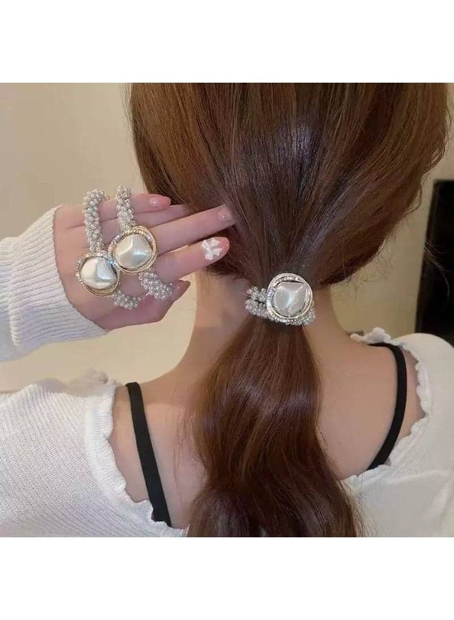 Elegant Pearl Scrunchie Hair Tie with Large Faux Pearl Embellishment Elastics (٢)