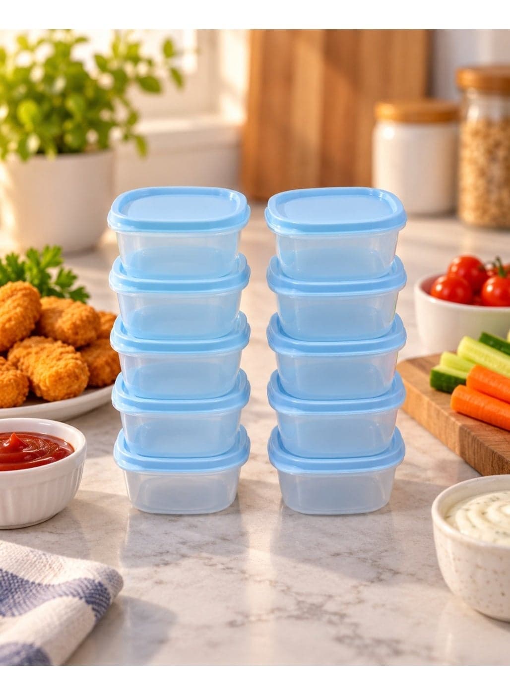 Set of plastic containers for sauces and yogurt Designed for children, this set consists of 10 equal-sized containers with secure, airtight lids; made from safe materials to ensure the secure storage of sauces and dried fruits in lunchboxes. (6)