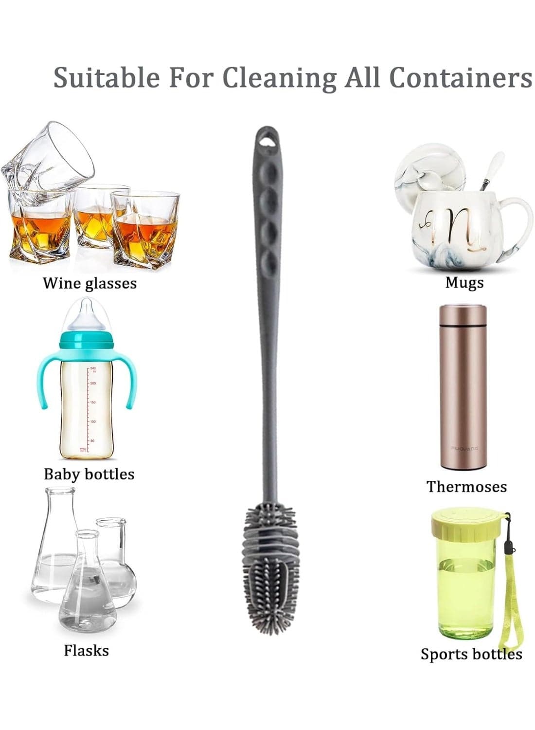 High-quality silicone long-handled cleaning brush for bottles and flasks – soft, flexible brush for removing stains and odors, suitable for cups, thermoses, and various containers – gray color (4)