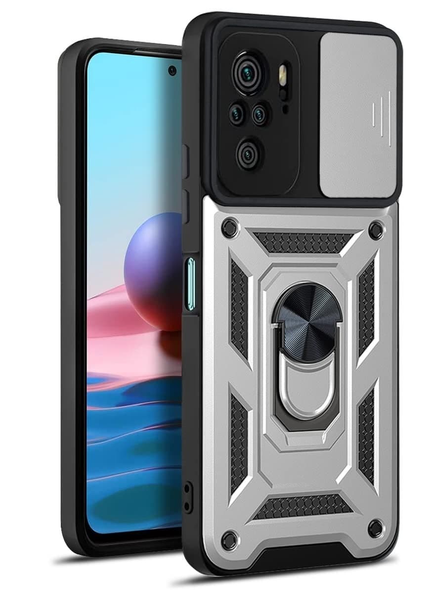 Case Cover Shockproof Windows Protective Case with Camera Protection and Metal Ring Compatible with Redmi Note 10s / Redmi Note 10 4G (Silver)