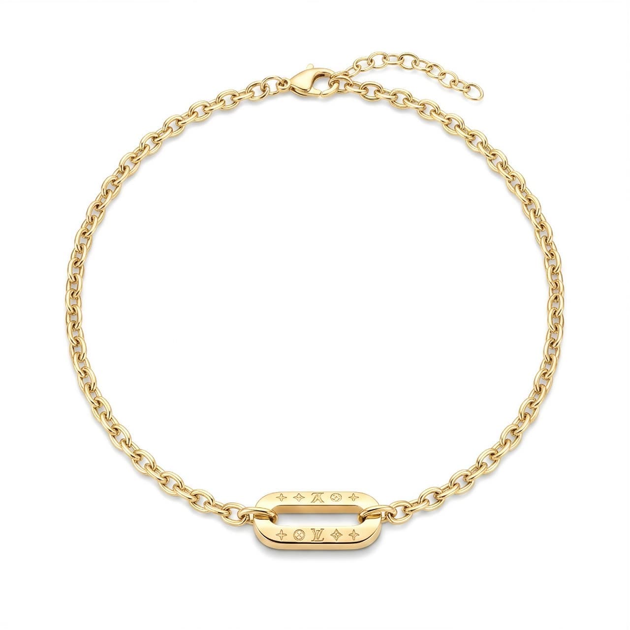 An elegant gold necklace made of rust-resistant stainless steel, with a modern chain design featuring a delicately engraved oval ring with sophisticated decorations, and an adjustable clasp to suit you. Women's Necklaces