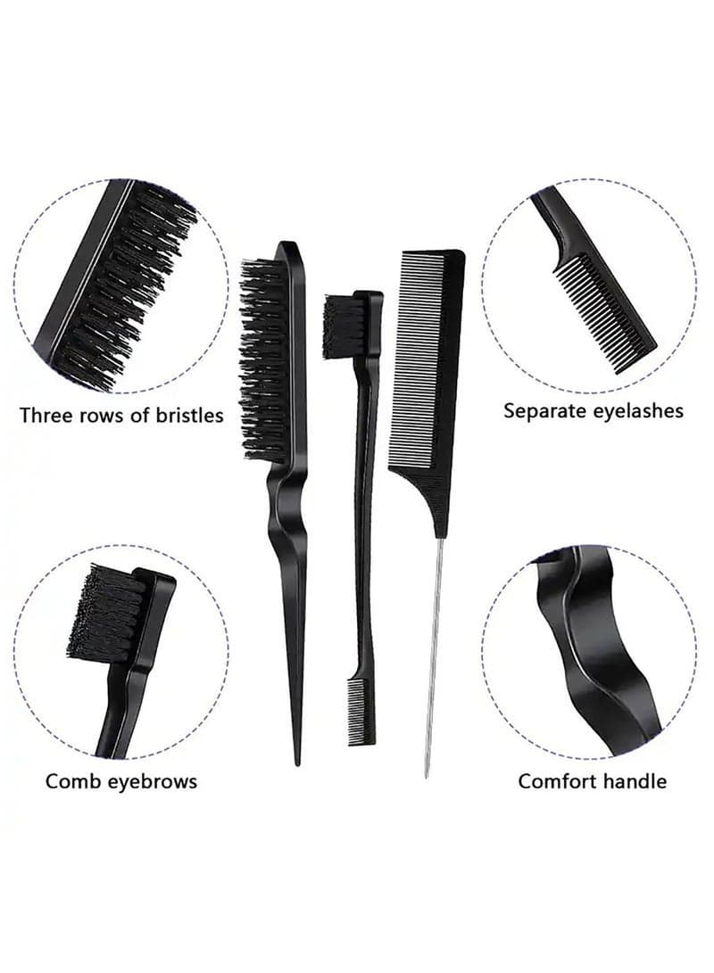 3 Piece Hair Brush Comb Set Tease Comb Edge Brush Suitable For Women and Girls Hair Black (10)