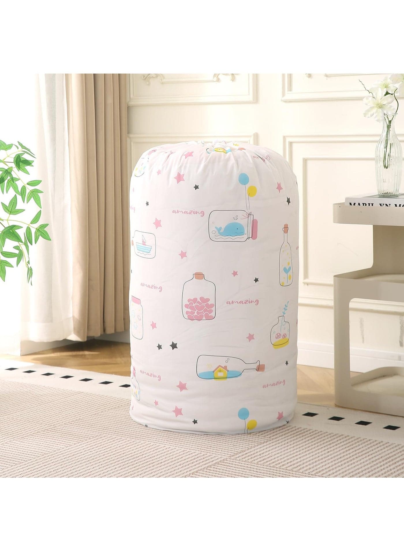 Extra Large Waterproof Storage Bag for Seasonal Clothes, Bedding & More | Durable, Foldable, Space-Saving Organizer for Bedroom & Closet, Size 45x85 cm, Whimsical Bottles