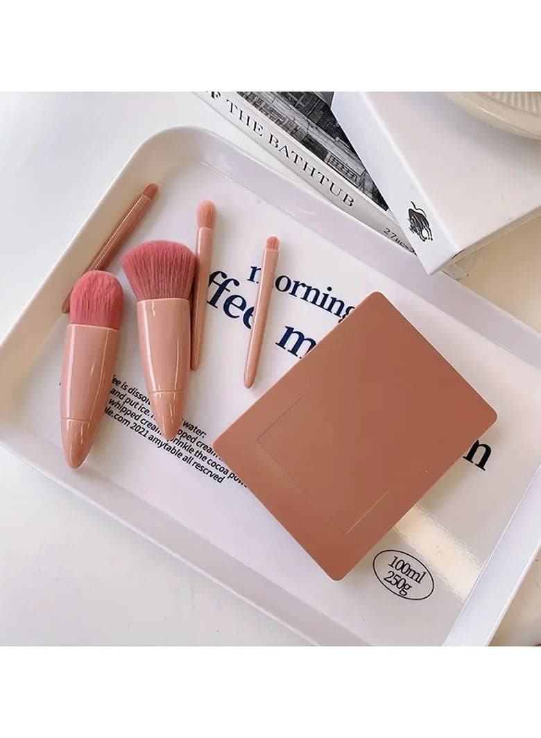 5 Pack Portable Mini Make up Brush Set With Mirror and Case Soft Fiber Hair Powder and Eye Shadow Brushes for Professional Beauty Tools - Pink (٥)
