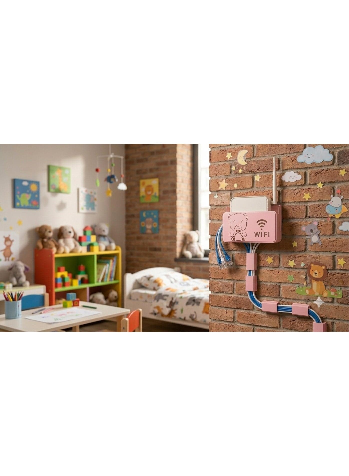 Compact WiFi Router Storage Rack & Wire Hider Box - Decorative Wall Mount Shelf with Bear & WiFi Design (Pink) Easy Installation No-Hole Shelf (5)