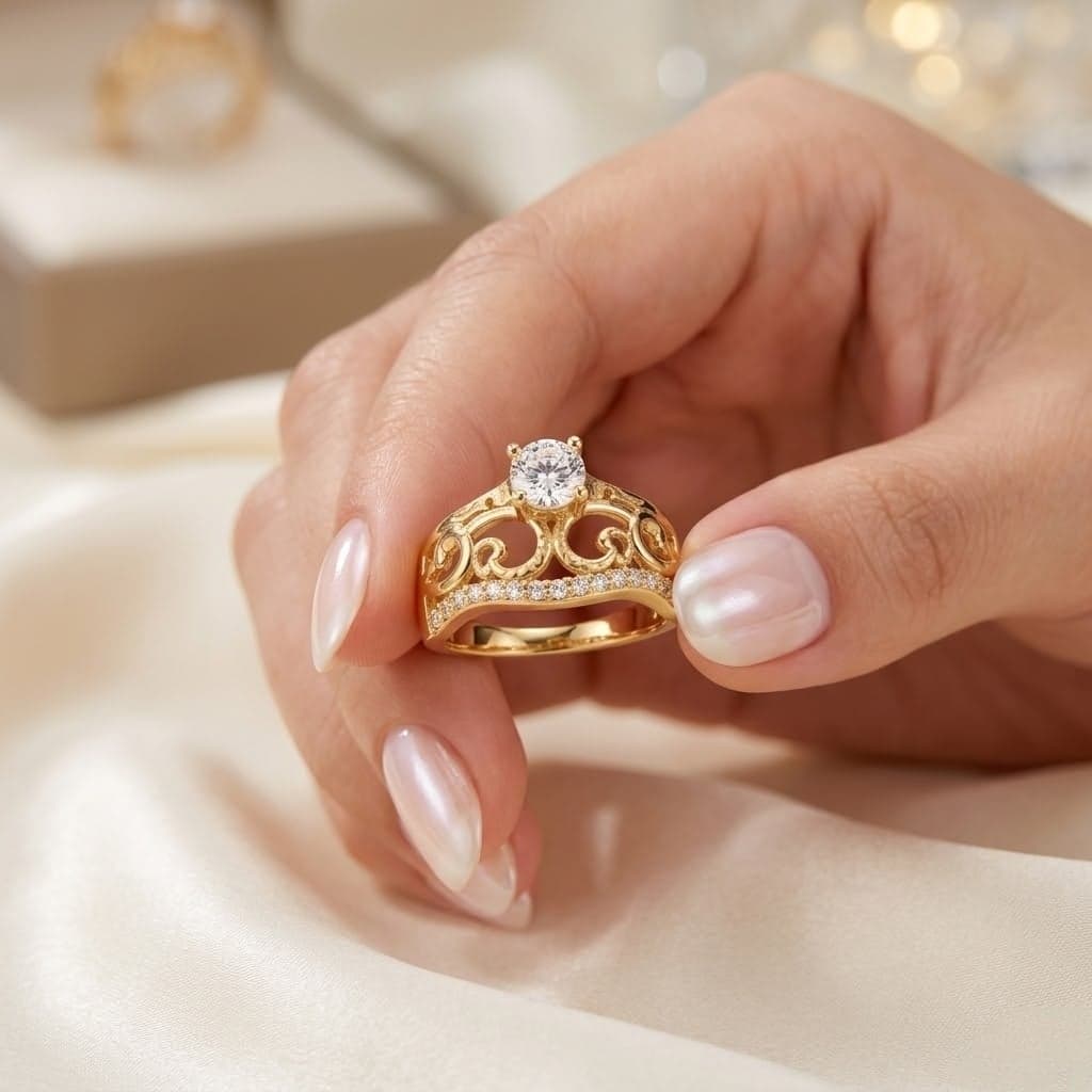 An elegant gold ring, featuring an intricately carved design with a sparkling zircon stone at its center, surrounded by delicate, shimmering stones. Perfect for a luxurious and eye-catching look. Women's Rings (6)