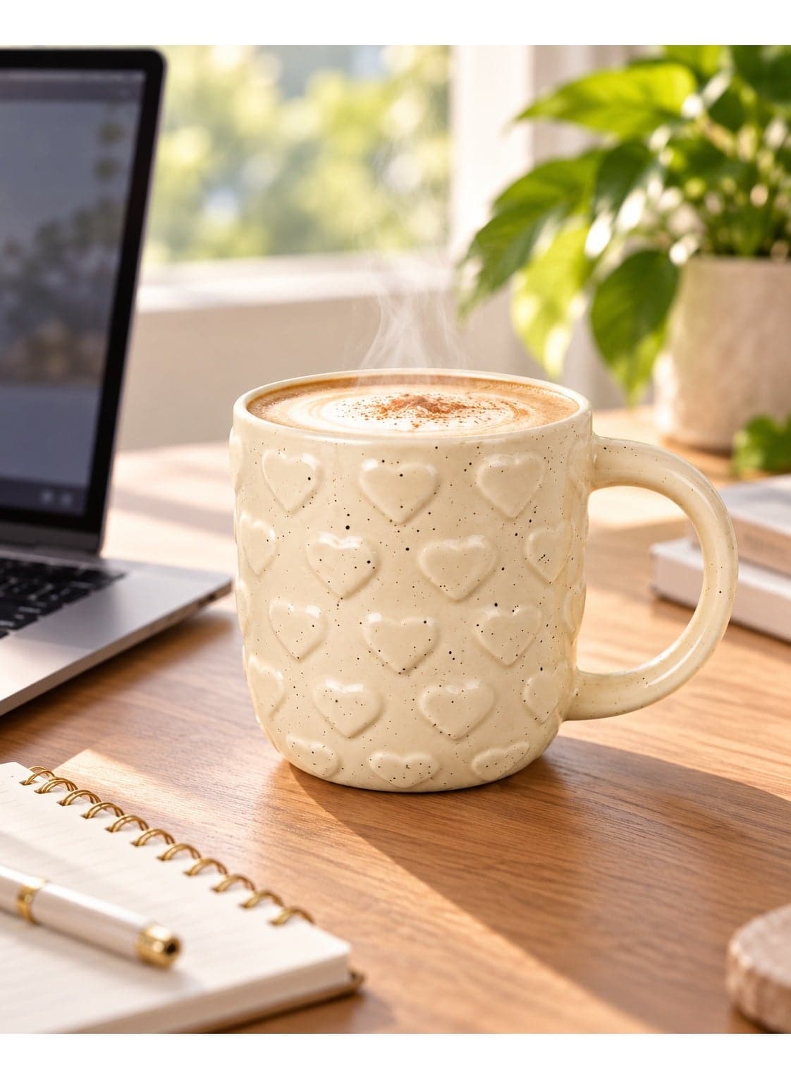Cream Beige Porcelain Coffee Mug with Embossed Heart Pattern and Speckled Finish, Elegant Tea and Hot Drinks Cup with Comfortable Handle for Home and Office – 1 Piece (5)