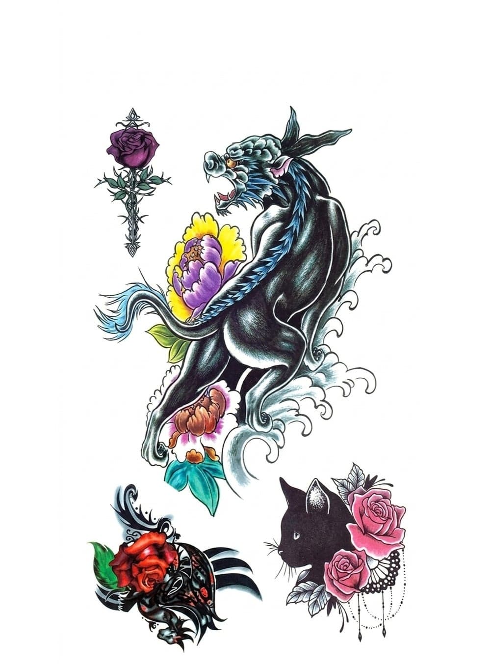 Mythical Creature, Black Cat & Rose Temporary Tattoo Sticker Set Makeup Tools & Accessories