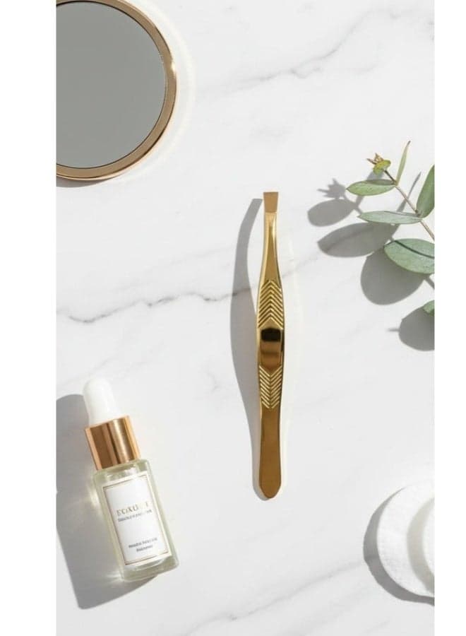 Precision Straight Tip Beauty Tweezers – Mirror Gold Finish, Anti-Slip Chevron Grip for Perfect Brow Shaping (٢)