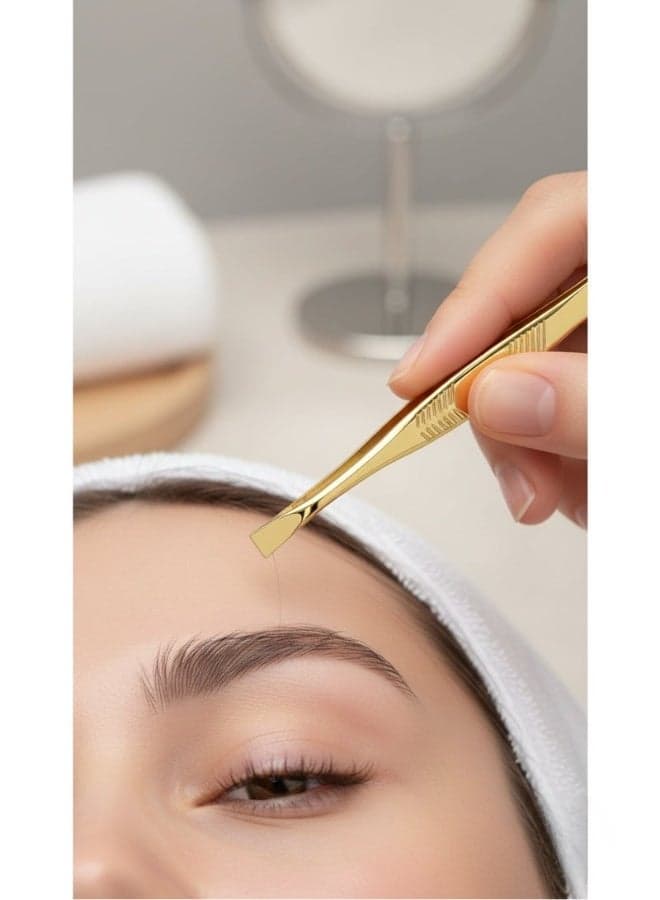 Precision Straight Tip Beauty Tweezers – Mirror Gold Finish, Anti-Slip Chevron Grip for Perfect Brow Shaping (٨)