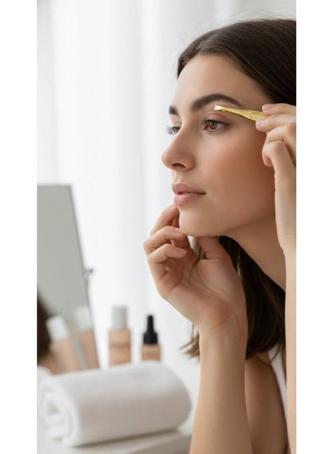Precision Straight Tip Beauty Tweezers – Mirror Gold Finish, Anti-Slip Chevron Grip for Perfect Brow Shaping (٦)