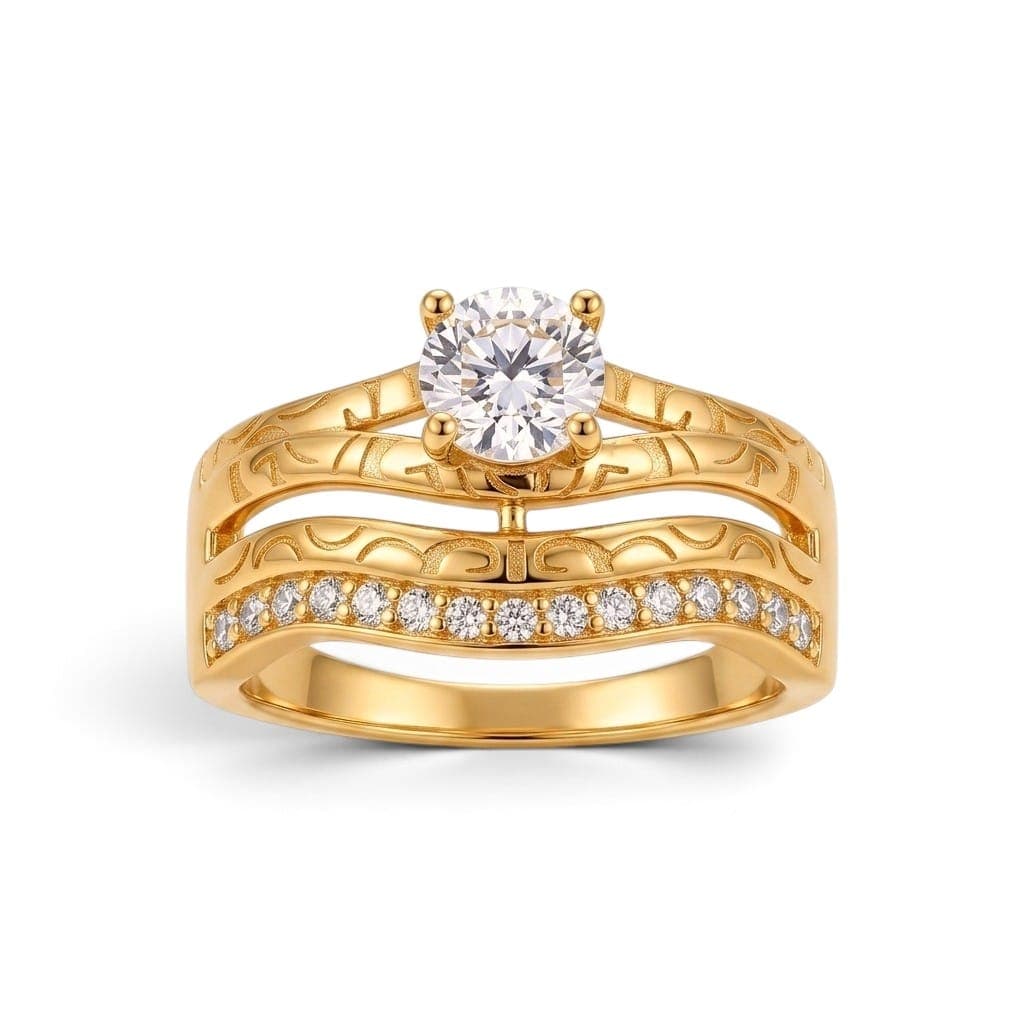 An elegant gold ring, shining with a luxurious design adorned with unique engravings, featuring an attractive sparkling stone in the center along with a row of shiny zircon stones for a charming look that suits you. Women's Rings