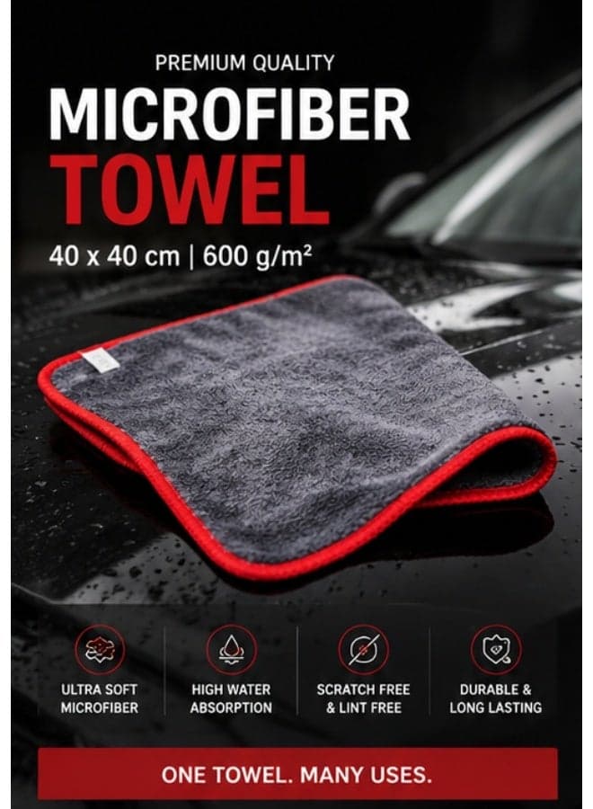 Premium Microfiber Car Drying & Detailing Towel 40 × 40 cm, 600 GSM, Ultra Absorbent, Scratch-Free, Stitched Red Edges, Gray – 1 Piece