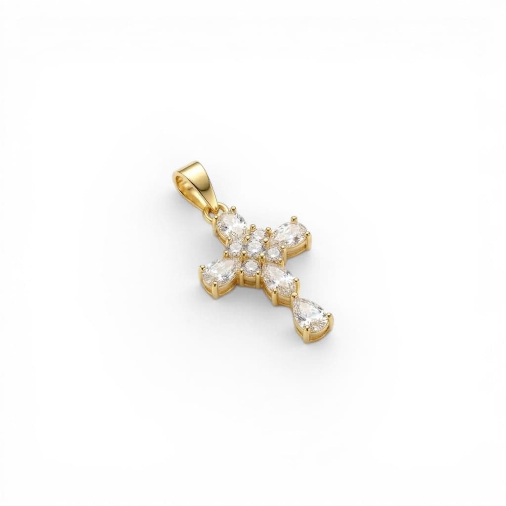 A cross pendant (without chain) in elegant gold, studded with sparkling zircon stones in a "pear" and "round" design that combines luxury and spirituality in a unique piece. Women's Necklaces