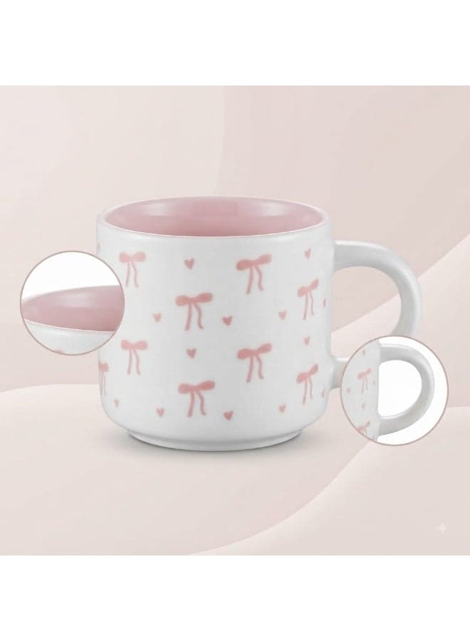 Ceramic Coffee and Tea Mug with Soft Pink Bows and Hearts Pattern - 1 Piece - White and Pink (٢)