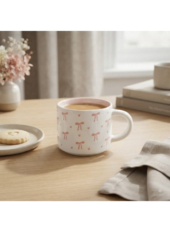Ceramic Coffee and Tea Mug with Soft Pink Bows and Hearts Pattern - 1 Piece - White and Pink (٣)
