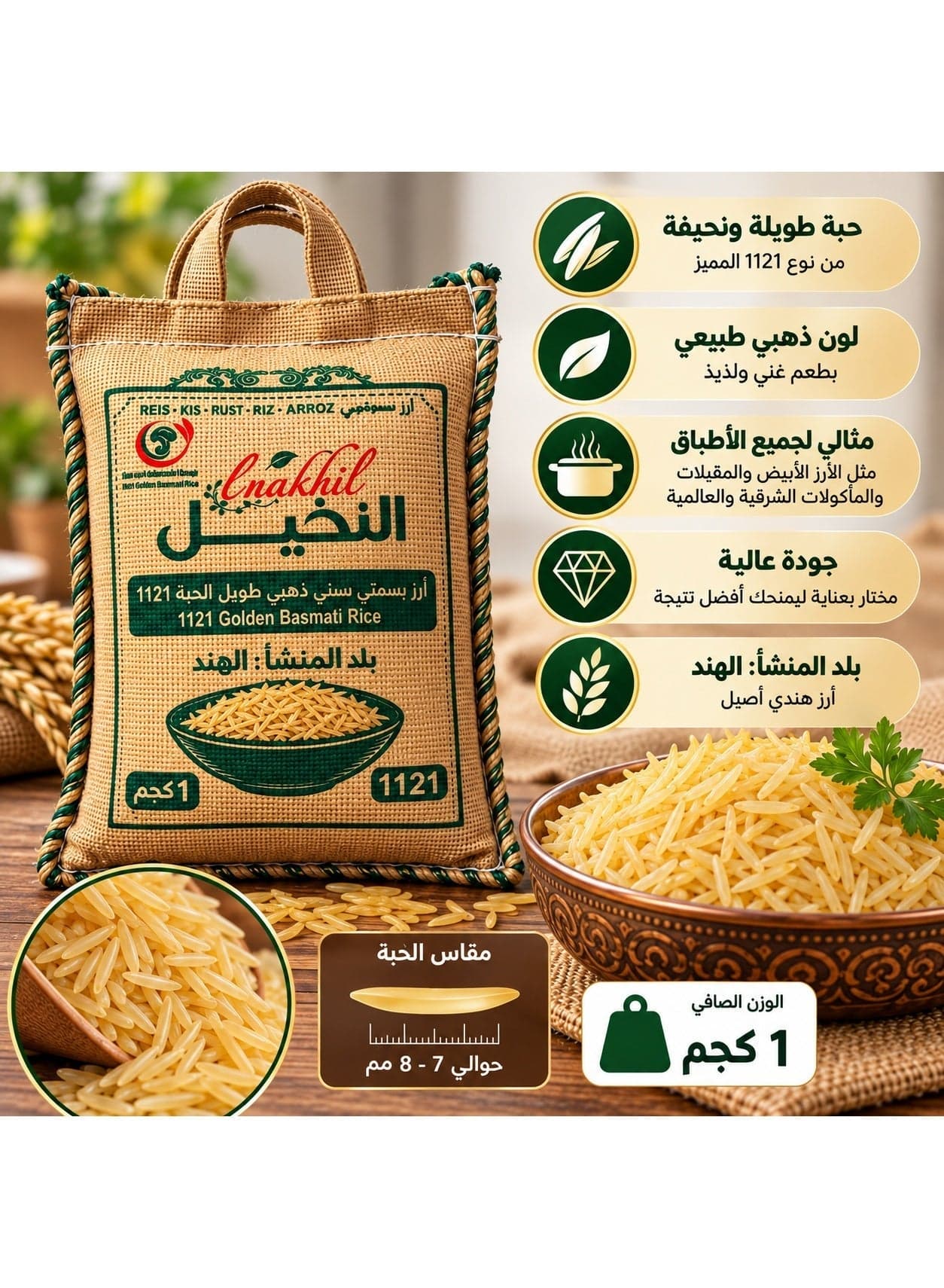 1121 Golden Sella Basmati Rice Long Grain Indian Rice 1 kg Raw Rice (٥)