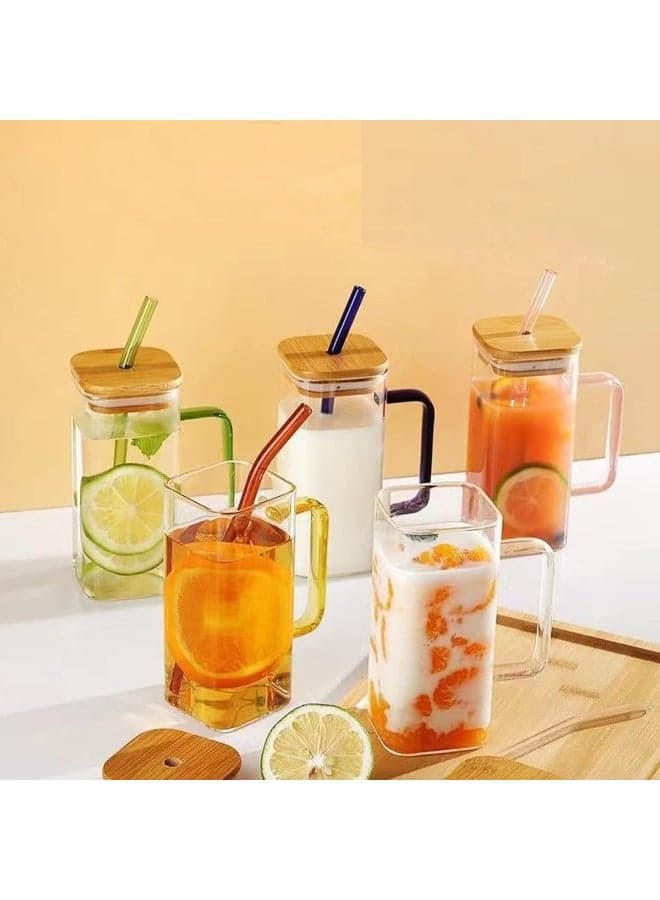Clear Glass Coffee Cup with Straw and Lid 400ml – Elegant Drinking Tumbler for Cold Beverages, Cocktails, Juice & Smoothies – Portable Leak-Resistant Travel Mug for Everyday Use (Multicolor)-1 Pc (٧)