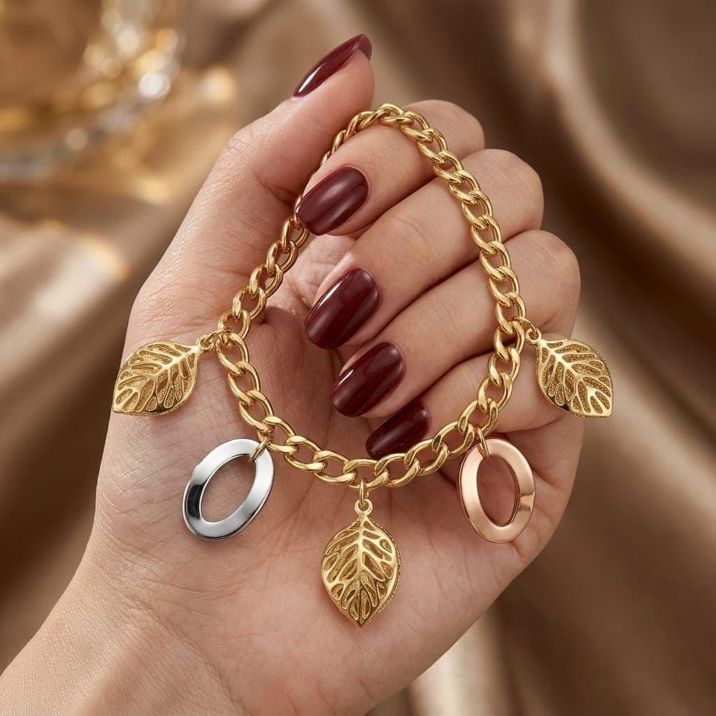 An elegant gold bracelet, sparkling with hollow gold leaves and two attractive silver and pink rings, with an adjustable clasp to fit you. Women's Bracelets & Bangles (4)