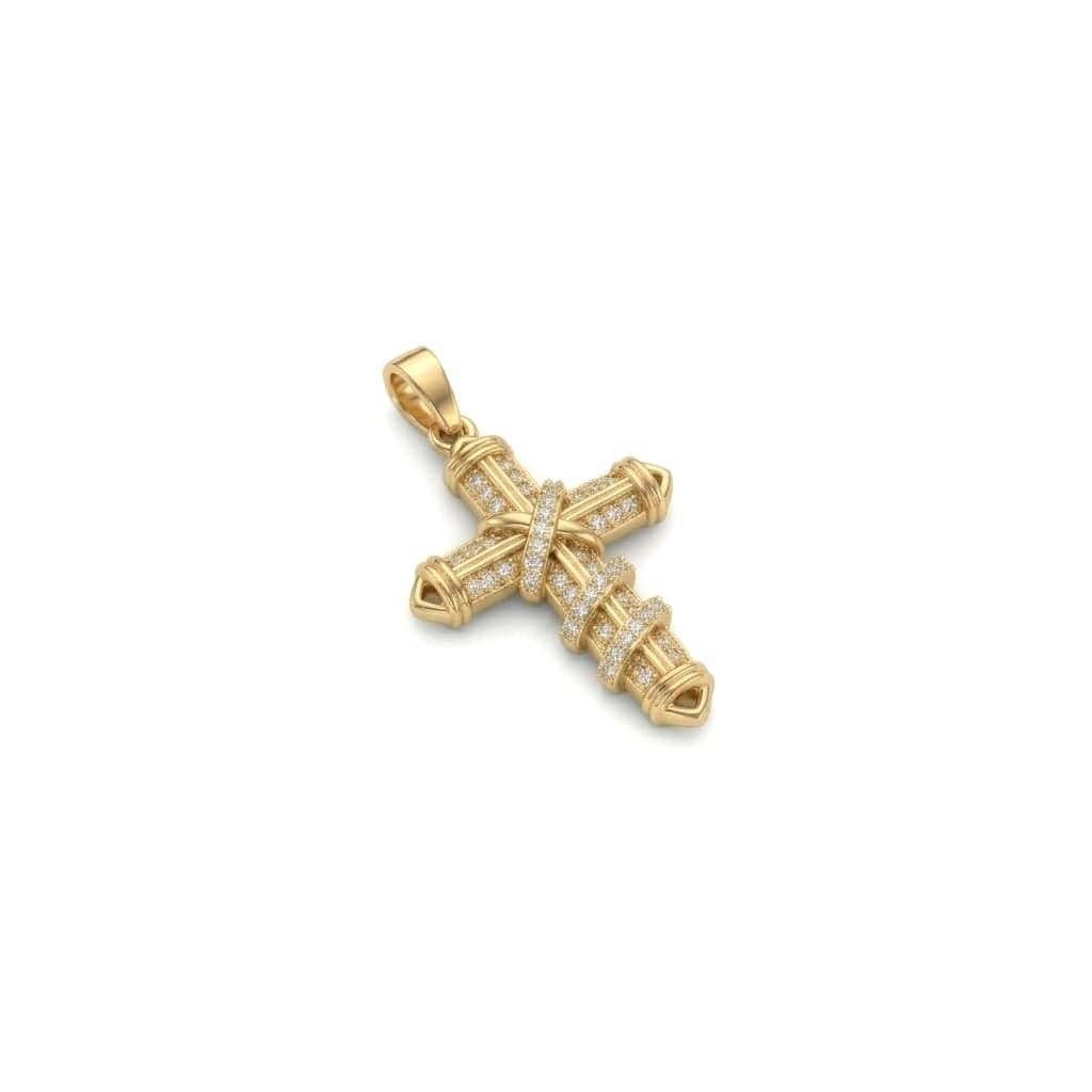A cross pendant (without chain) in elegant gold, studded with zircon stones arranged in a prominent geometric design, with twisted rings that give it a touch of modern and unique luxury. Women's Necklaces