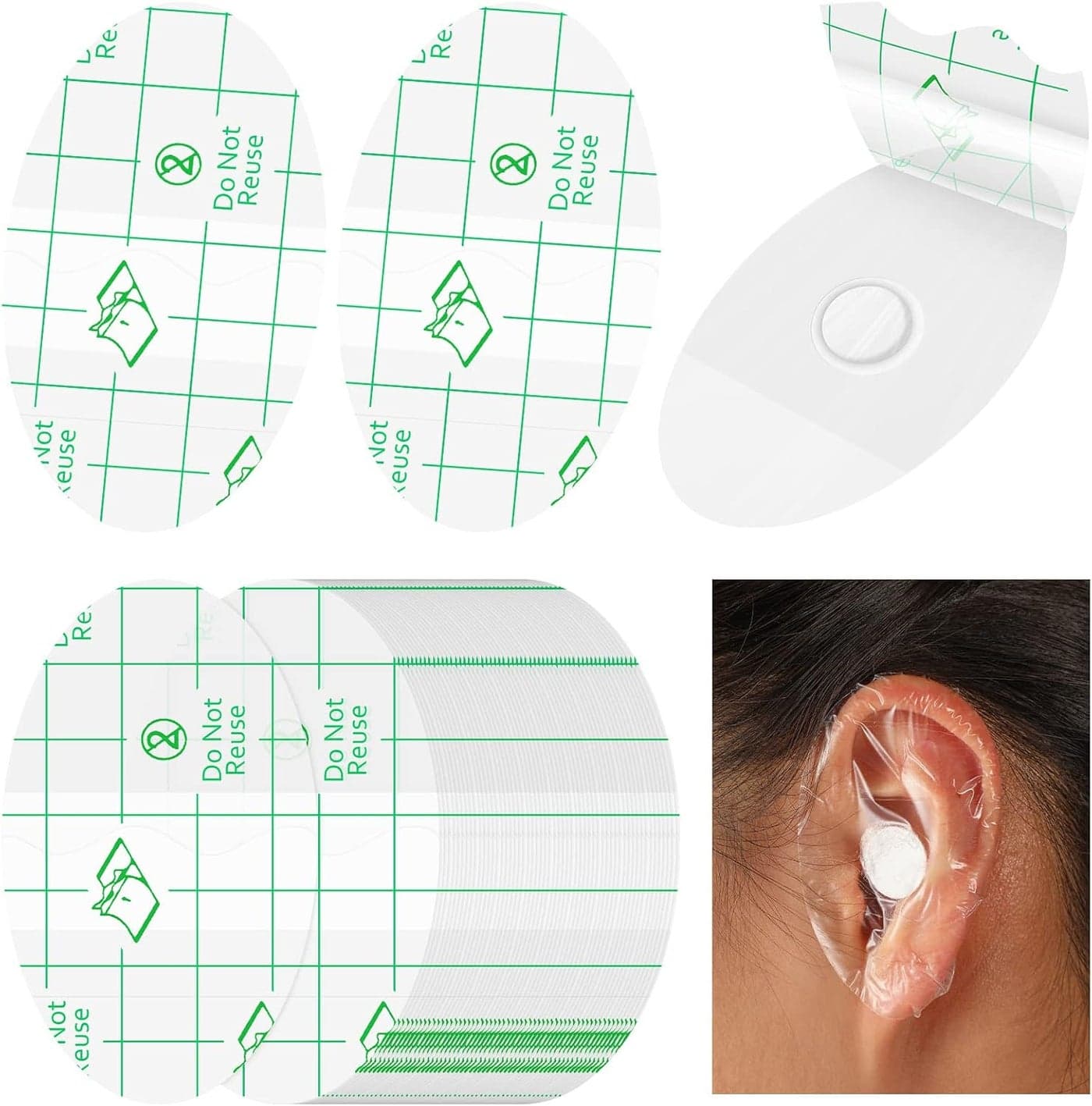 60 Pcs Baby Waterproof Ear Stickers - Disposable Infant Ear Covers for Swimming & Showering - Premium Clear Kids Ear Protectors with Soft Central Cushion Plugs for Water Sports, Surfing & Snorkeling (Transparent Oval Membrane with Green Grid Backing) - Manual Toddler Aquatic Hygiene Care & Infant Health Asset Management Template Swim Caps