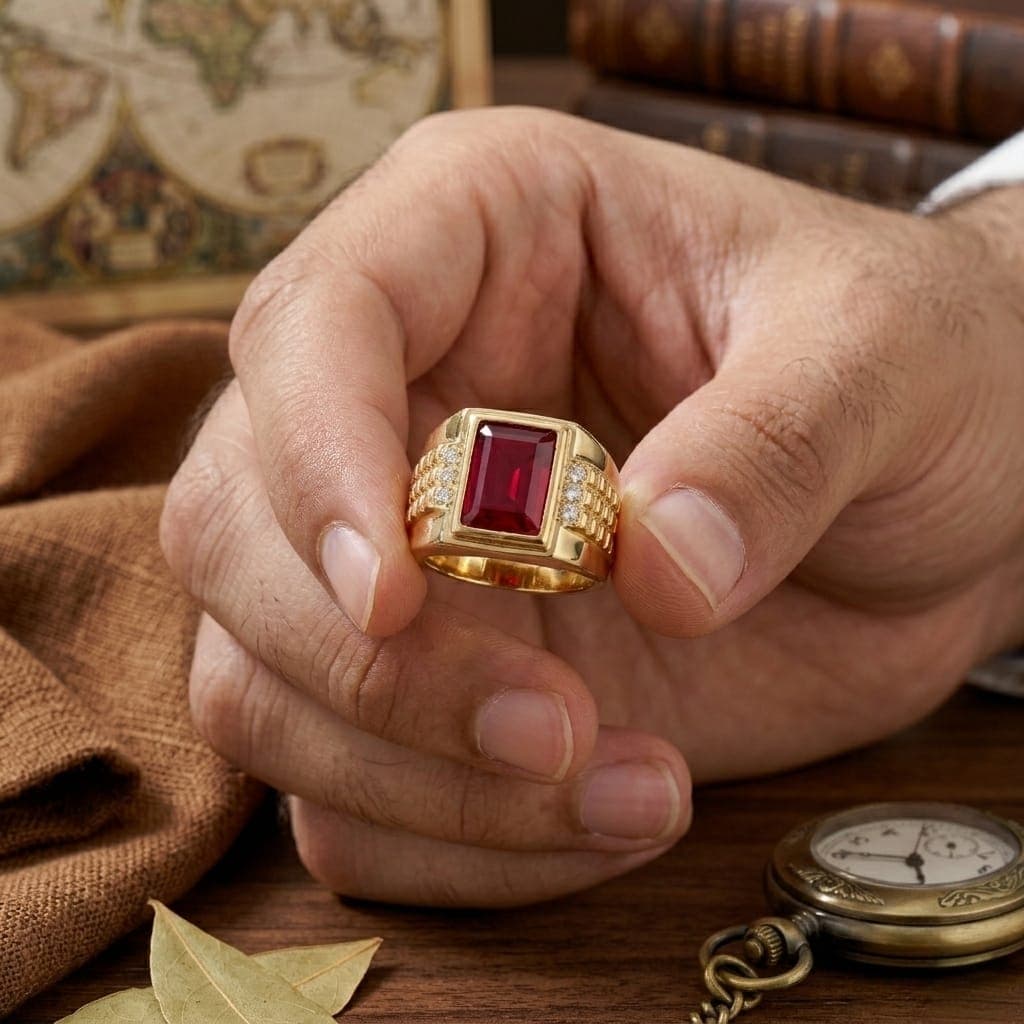 A luxurious gold men's ring, with a rectangular royal red ruby stone in the center, and sides decorated with raised engravings and shiny zircon stones, giving you a luxurious and attractive look on every occasion. (4)