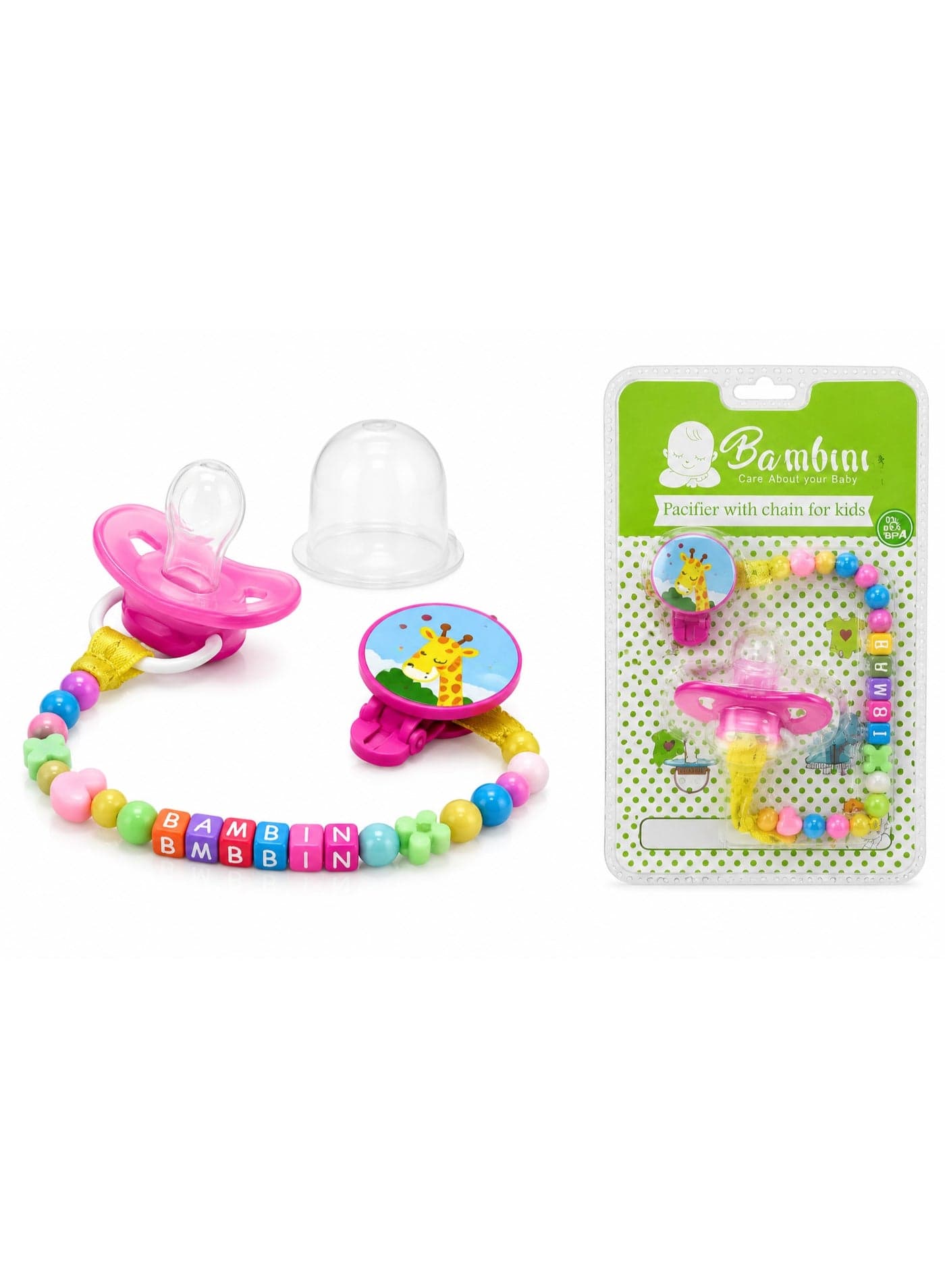 BAMBINI Premium Baby Silicone Pacifier with Clip Chain & Protective Cover, Pink, 0+ Months