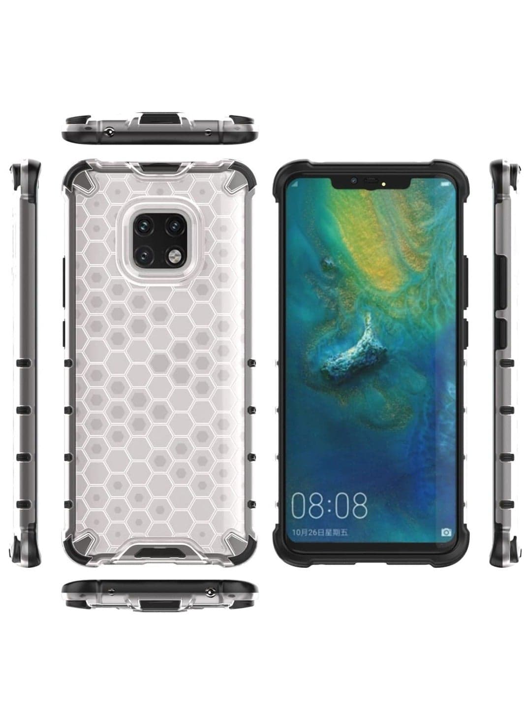 Case Cover Honeycomb Case Shockproof Camera Protection Cover Compatible with Huawei Mate 20 Pro (White Clear) (٤)