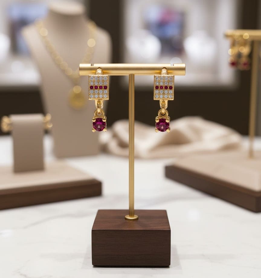 A delicate, gold-plated hoop featuring a square design studded with sparkling red crystals. A stylish, dark red stone dangles from it. Clip-Ons (7)