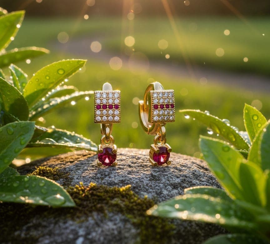 A delicate, gold-plated hoop featuring a square design studded with sparkling red crystals. A stylish, dark red stone dangles from it. Clip-Ons (5)