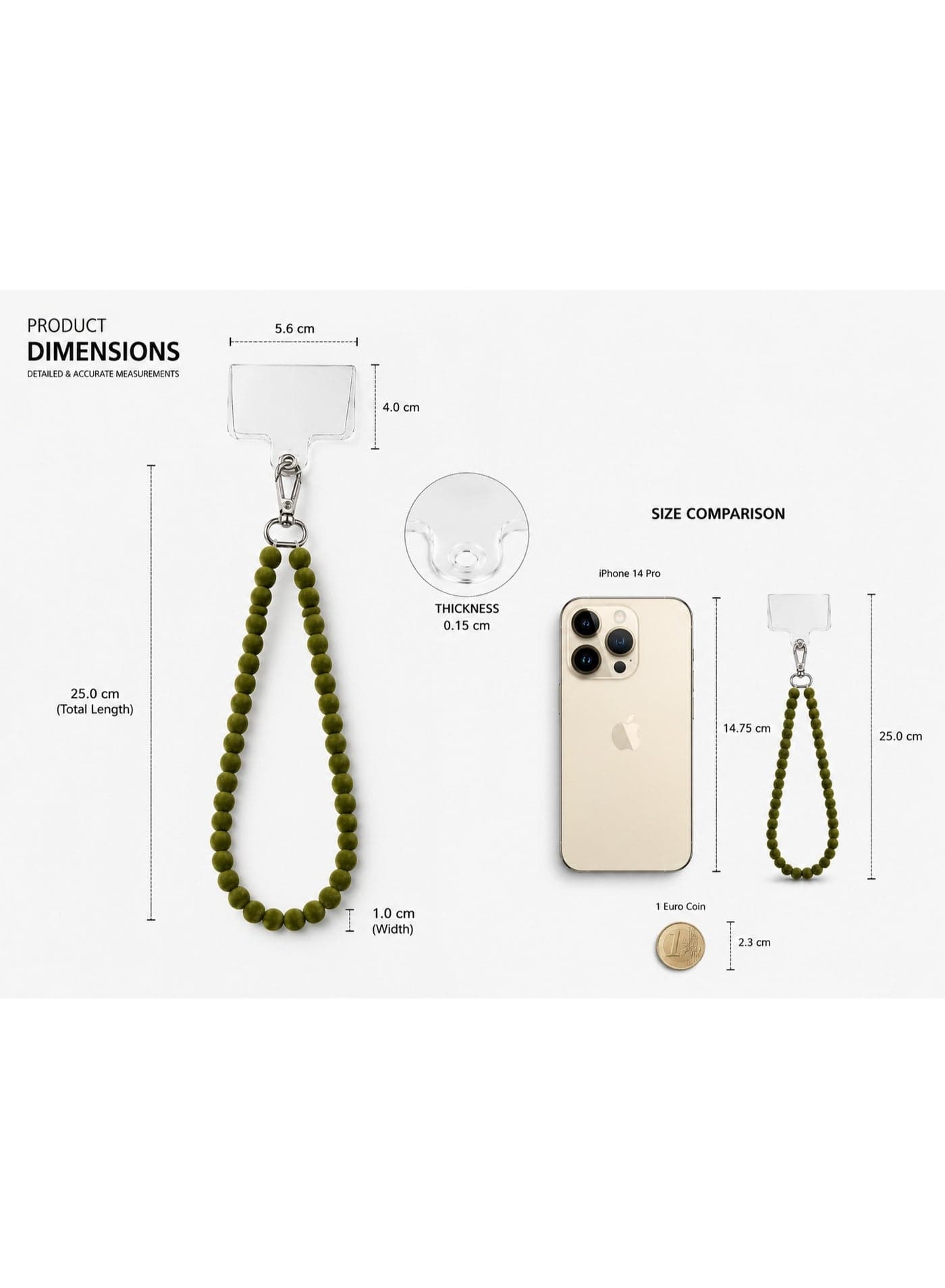 Universal 25cm Olive Green Flocked Silicone Beaded Mobile Phone Wrist Strap Charm with Clear TPU Tether Tab & Silver Metal Clasp - Olive Green & Silver (1 Piece) Phone Grips & Stands (٥)