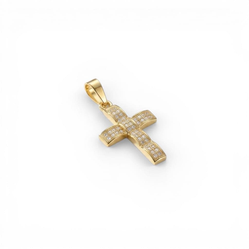 A cross pendant (without chain) in elegant gold, featuring a prominent design and fully studded with fine zircon stones that give you an exceptional sparkle that catches the eye at all times. Women's Necklaces