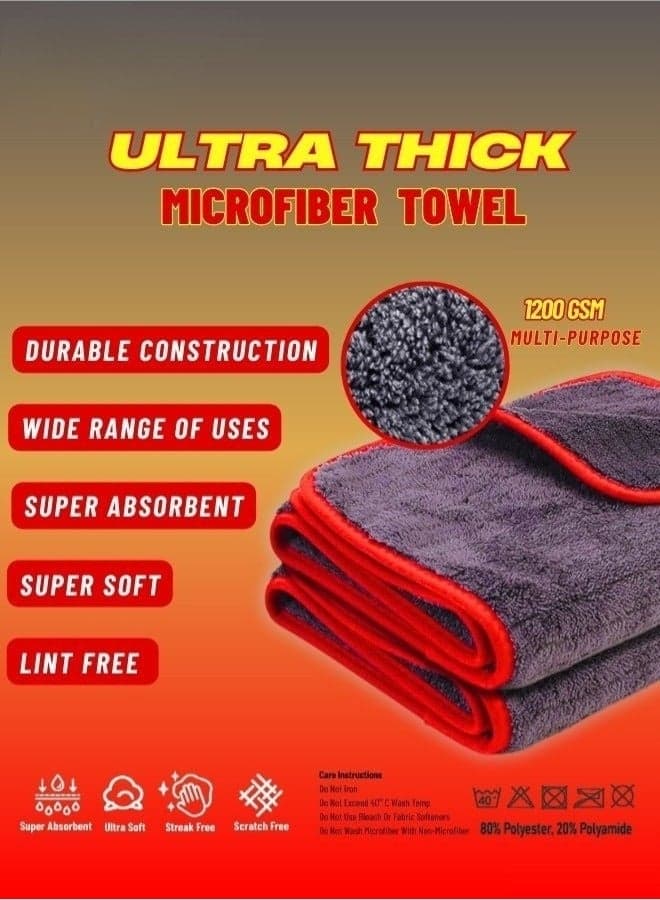 Ultra Thick Microfiber Towel - 1200 GSM - Super Absorbent, Lint Free & Scratch Free - Multi-Purpose - For Car, Home & Office - Grey - (40*40cm) Cleaning Cloths (٧)