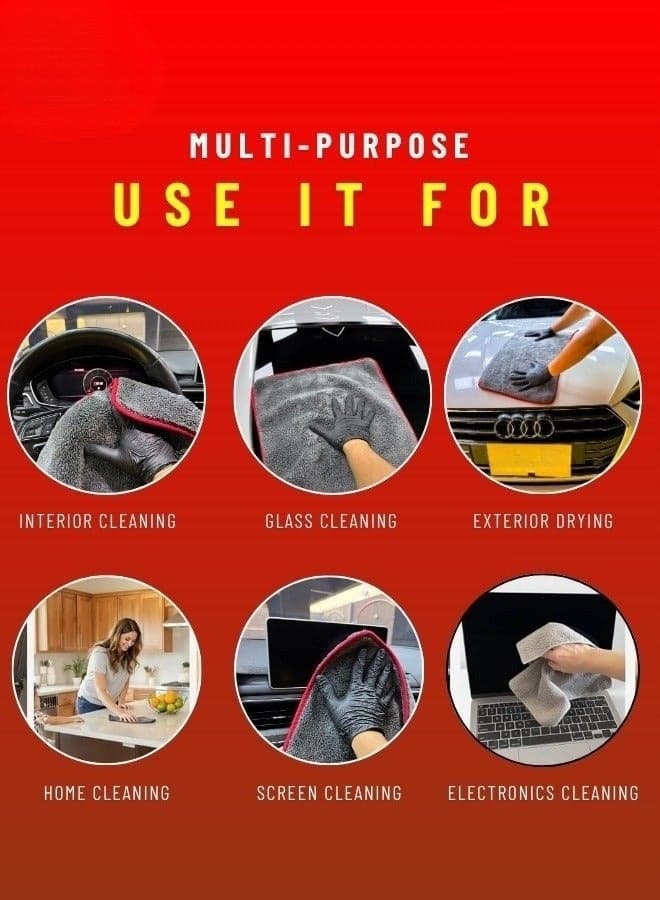 Ultra Thick Microfiber Towel - 1200 GSM - Super Absorbent, Lint Free & Scratch Free - Multi-Purpose - For Car, Home & Office - Grey - (40*40cm) Cleaning Cloths (٥)