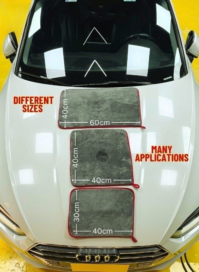 Ultra Thick Microfiber Towel - 1200 GSM - Super Absorbent, Lint Free & Scratch Free - Multi-Purpose - For Car, Home & Office - Grey - (40*40cm) Cleaning Cloths (٣)