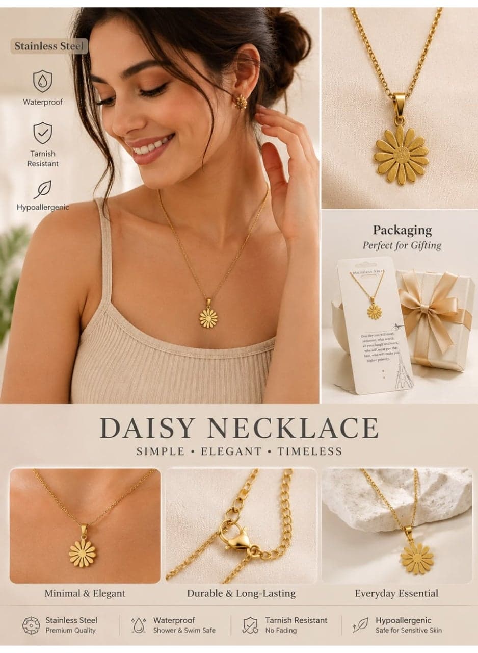 Women's Stainless Steel Daisy Flower Pendant Necklace – Gold Plated – Waterproof, Tarnish Resistant & Hypoallergenic