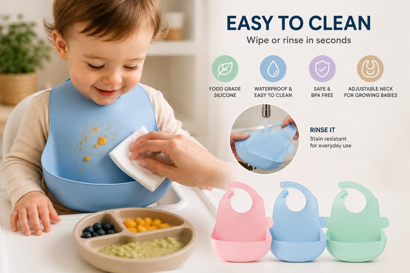 Silicone Baby Bib with Food Catcher Pocket, Adjustable Waterproof Feeding Bib for Babies & Toddlers Baby Blue (3)