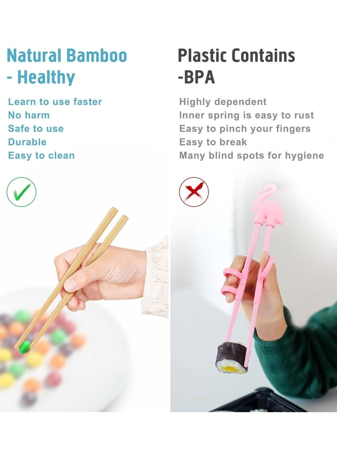 Kids Short Chopsticks Bamboo Reusable Training Chop Sticks for Beginners-10 Pairs Chopsticks & Chopstick Holders (٢)
