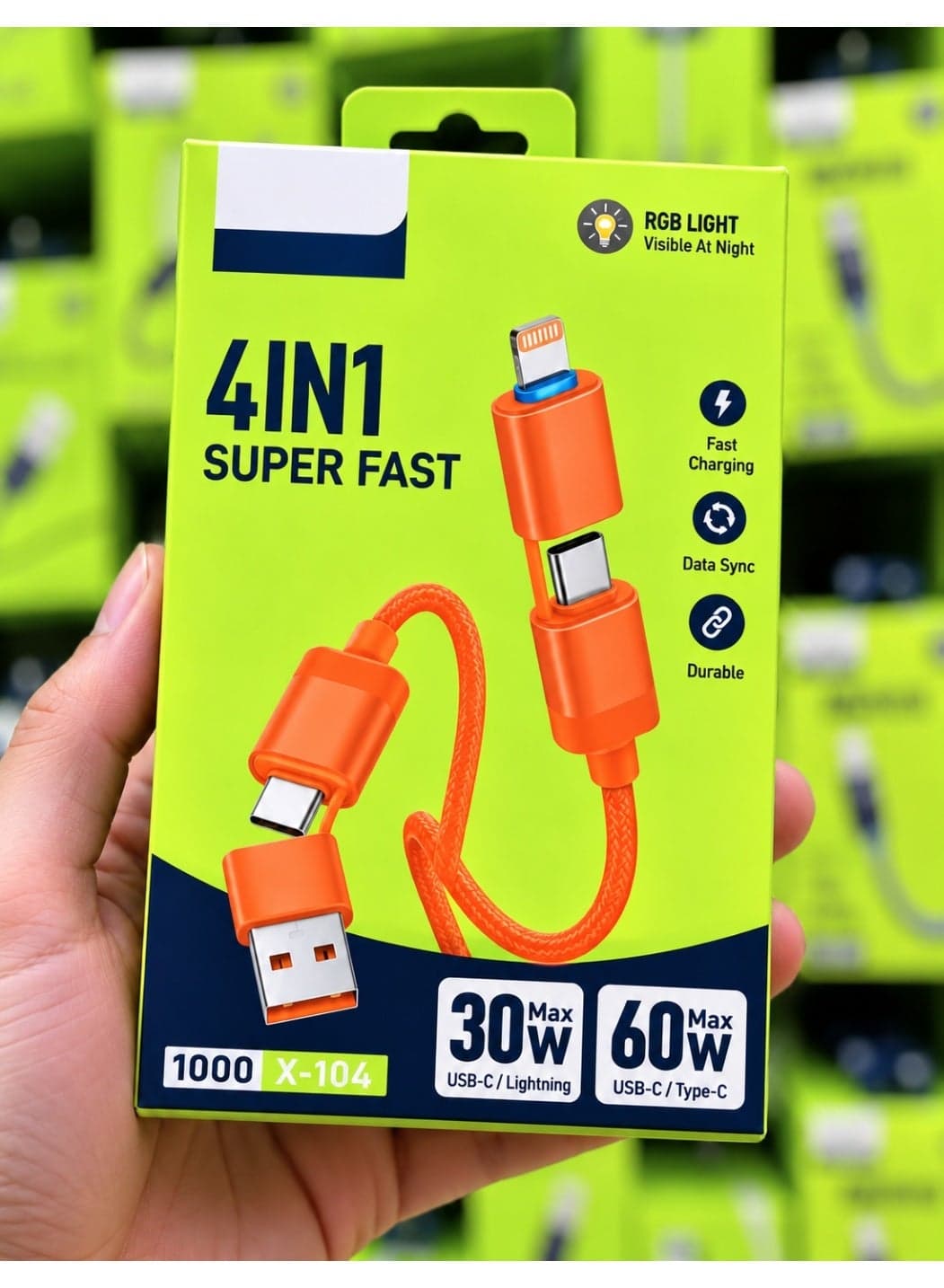 X-104 4-in-1 Super Fast Charging Cable up to 60W, USB-A & USB-C to Type-C and Lightning, PD 60W/30W Fast Charge and Data Sync, Durable Braided Cable with RGB Night Light for iPhone, Android Smartphones and Smart Devices
