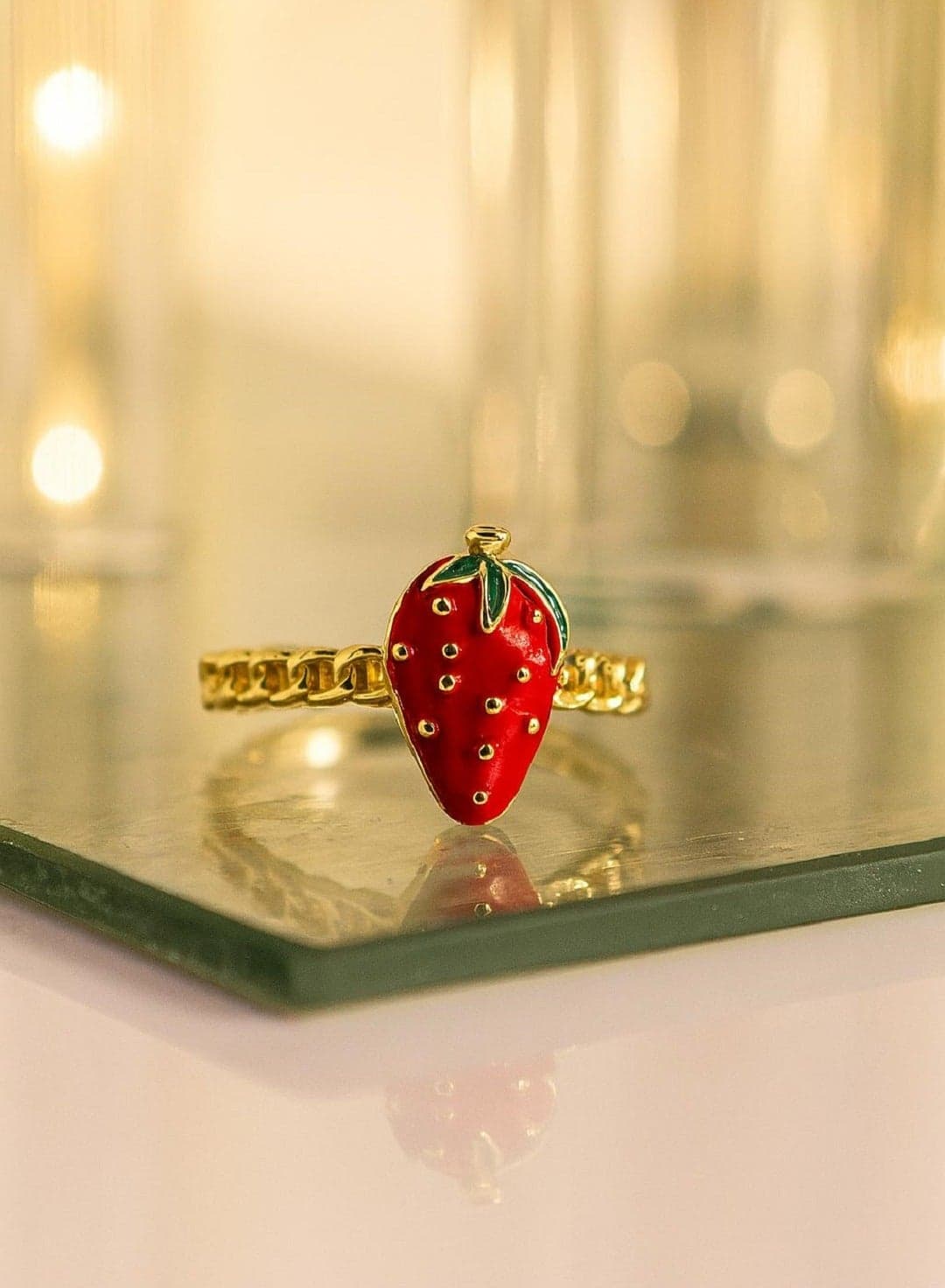 Strawberry Ring, Gold-Plated Chain Band, Red Enamel Design Women's Rings (4)