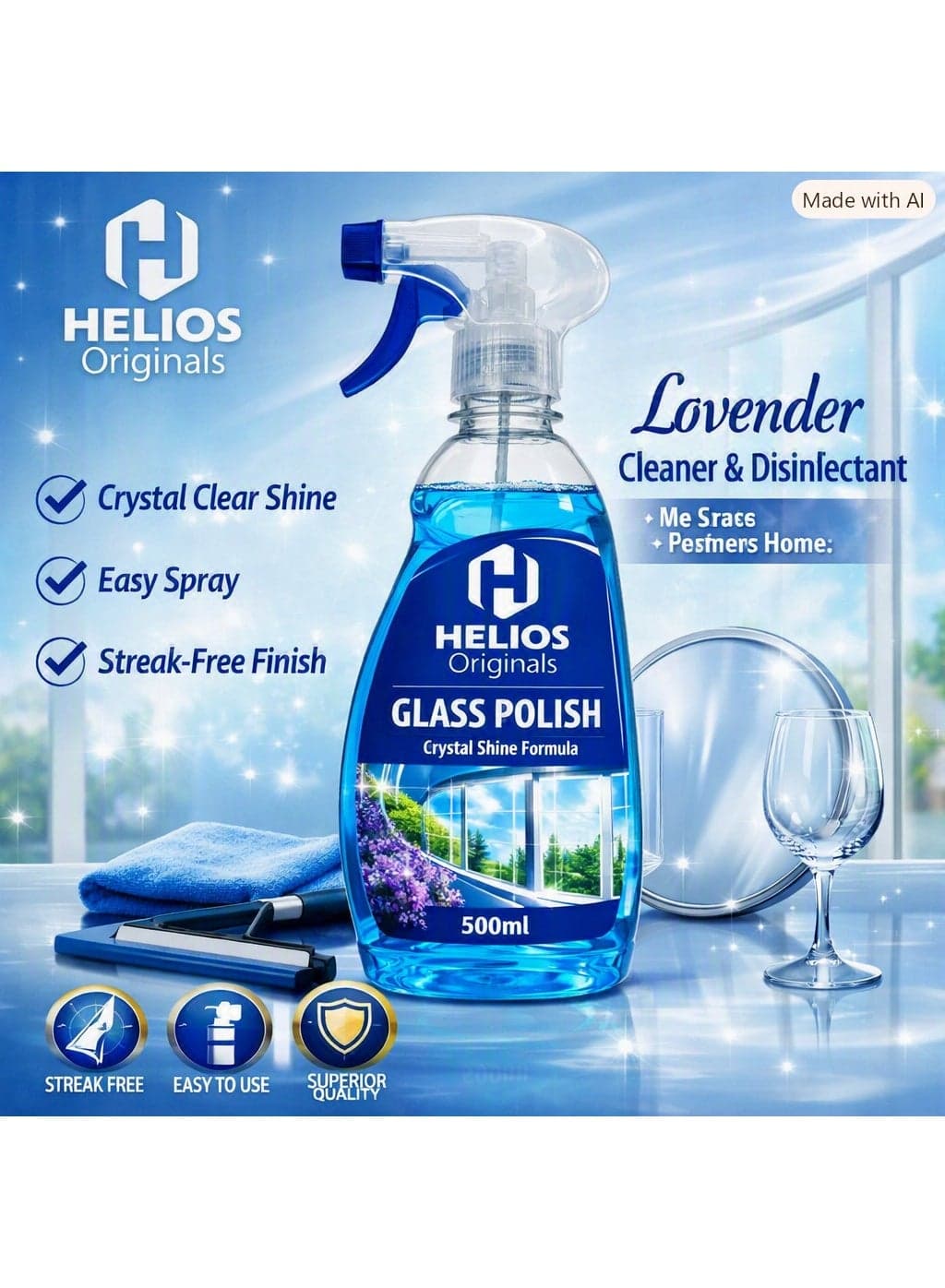 Helios Originals Glass Polish Cleaner & Disinfectant, Lavender Scent, 500ml Household Glass Cleaners