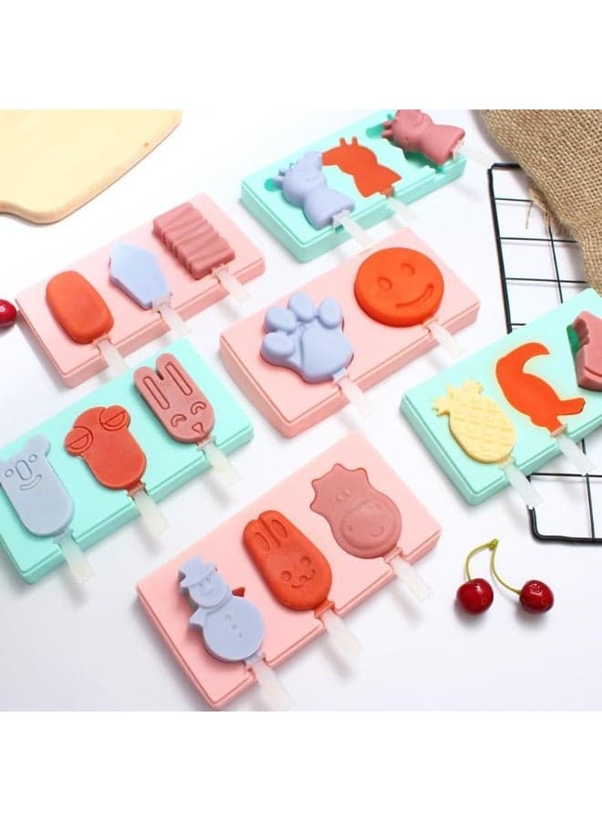 Lollipop Chocolate Mould Ice Cream Jelly Popsicle Maker Reusable Silicone DIY Special Shaped Mold with Plastic Sticks, 3 Cavity(Mulitecolor) (٩)
