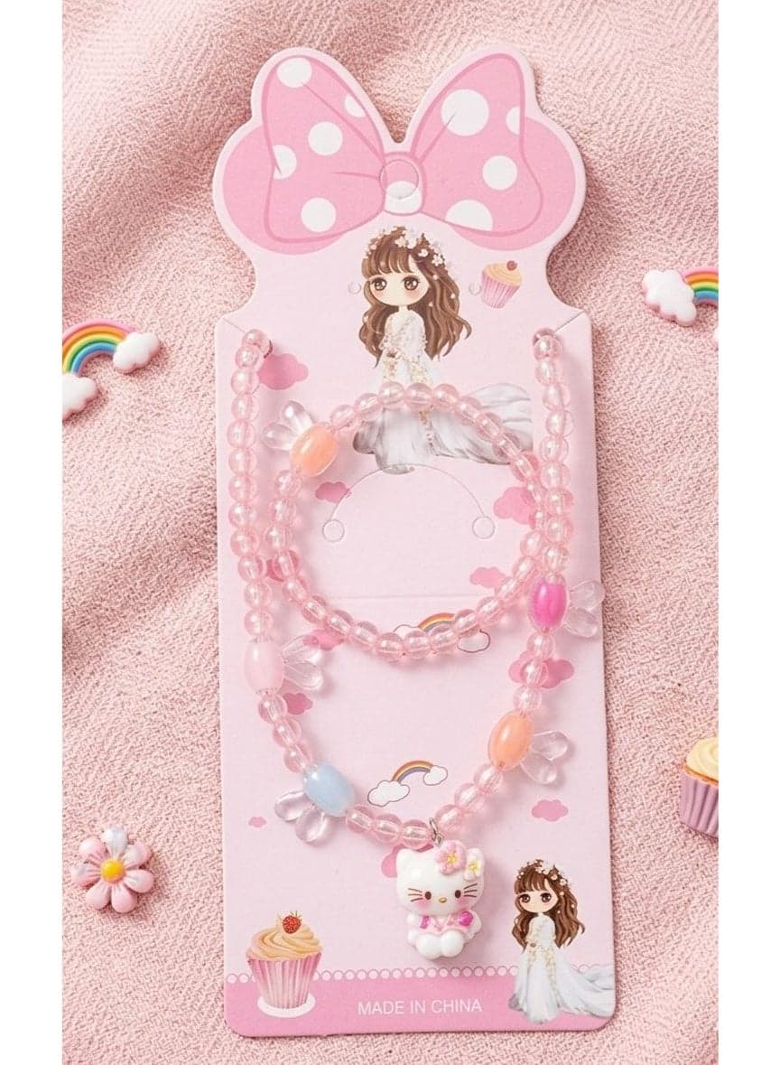 Children's loly Necklace + Bracelet Set, 2 Pieces, loly Necklace with High-Quality Kitty Pendant Costume Accessories