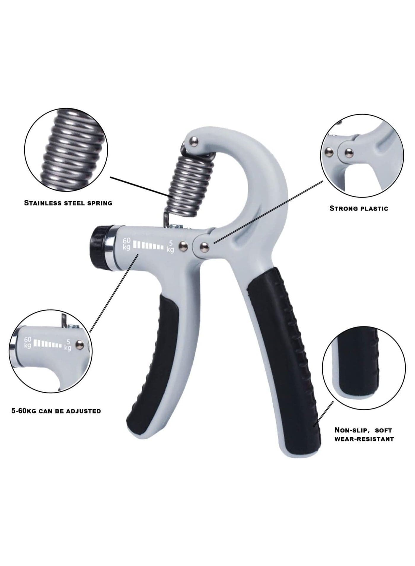5-60Kg Adjustable Hand Grip Strengthener Exerciser, Black/Grey (٦)